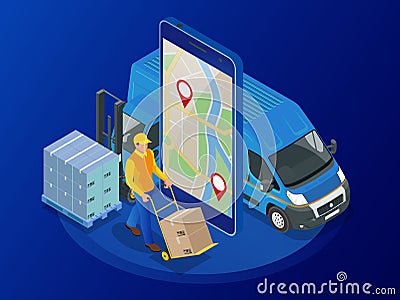 Isometric online Express, Free, Fast Delivery, Shipping concept. Checking delivery service app on mobile phone. Delivery Vector Illustration