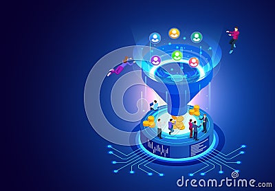 Isometric online funnel generation sales, customer generation, digital marketing and e-business technology concept Vector Illustration