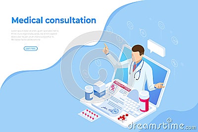 Isometric Online Medical Consultation. Health care Concept. Health Insurance, Online Prescription. Online diagnosis Vector Illustration