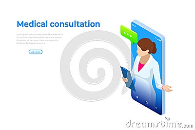 Isometric Online Medical Consultation. Health care Concept. Health Insurance, Online Prescription. Online diagnosis Vector Illustration