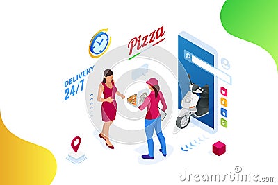 Isometric Online Pizza Order mobile app templates. Free delivery, Female courier, Fast food delivery online service. Vector Illustration