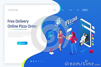 Isometric Online Pizza Order mobile app templates. Free delivery, Female courier, Fast food delivery online service. Vector Illustration