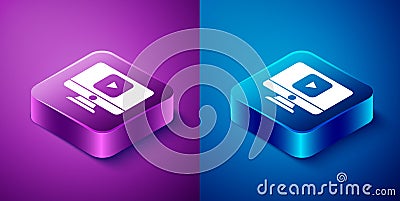 Isometric Online play video icon isolated on blue and purple background. Computer monitor and film strip with play sign Vector Illustration