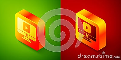 Isometric Online play video icon isolated on green and red background. Computer monitor and film strip with play sign Vector Illustration
