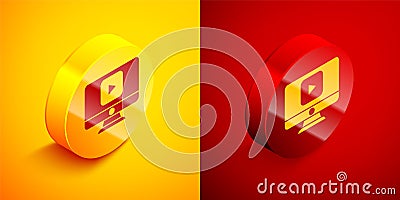 Isometric Online play video icon isolated on orange and red background. Computer monitor and film strip with play sign Vector Illustration
