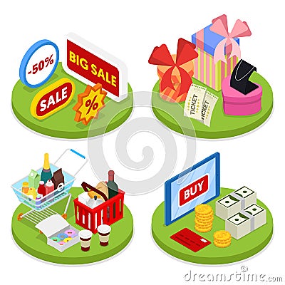 Isometric Online Shopping Concept. Mobile Payment. Electronic Business Vector Illustration