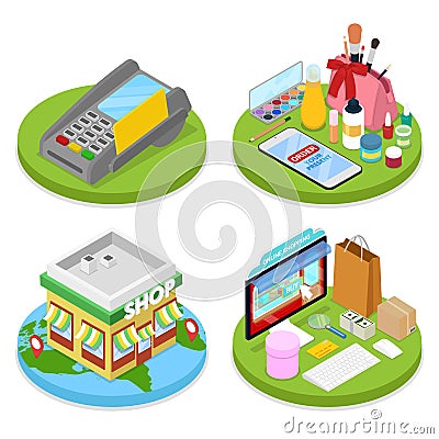 Isometric Online Shopping Concept. Mobile Payment. Internet Beauty Store. Electronic Business Vector Illustration