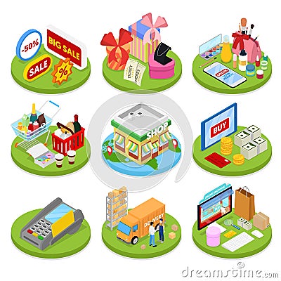 Isometric Online Shopping Concept. Mobile Payment. Internet Store. Electronic Business Vector Illustration