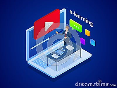 Isometric online video training or tutorial. E-Learning by the webinar training. Online education at Video blog concept Vector Illustration