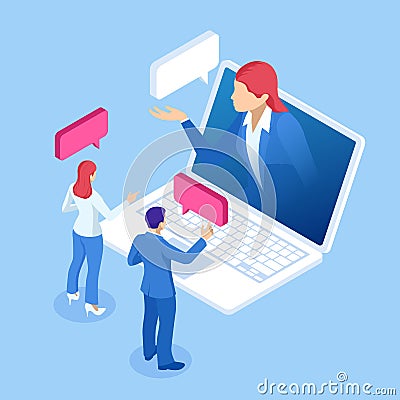 Isometric online virtual assistant services and artificial intelligence concept. Chat bot and future marketing. AI and Vector Illustration