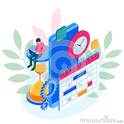 Isometric online weekly schedule and calendar planner organization management on smartphone . Online business workflow Vector Illustration