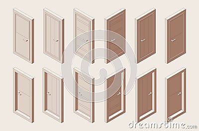 Isometric outline brown color set of interior doors with a box. Various foreshortening views Stock Photo