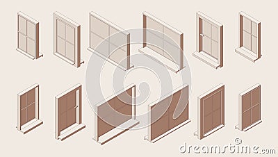 Isometric outline set of closed windows with sill and low tide in various foreshortening views Stock Photo