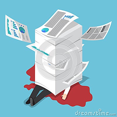 Isometric overworked businessman under the stack of paper Vector Illustration