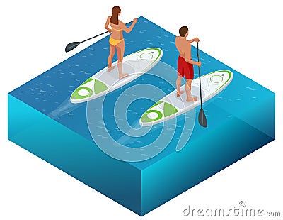 Isometric Paddleboard beach men and women on stand up paddle board surfboard surfing in ocean sea. Water sport concept Vector Illustration