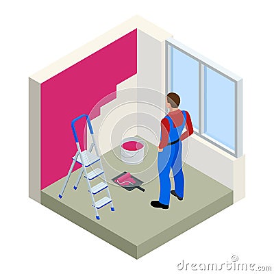 Isometric Paintroller painting white wall with roller red paint. Flat 3d modern vector illustration. Paintroller, people Vector Illustration