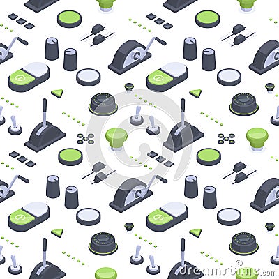 Isometric panel buttons, isometric sliders and switches pattern. Spacecraft control panel regulators and toggles seamless pattern Vector Illustration