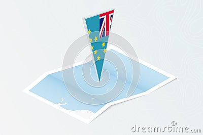Isometric paper map of Tuvalu with triangular flag of Tuvalu in isometric style. Map on topographic background Vector Illustration