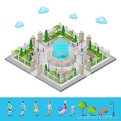 Isometric Park. City Park. Active People Outdoors Vector Illustration