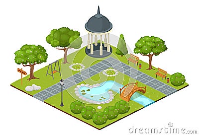 Isometric park vector illustration. Cartoon 3d city nature map landscape isolated on white, green garden tree and grass Vector Illustration