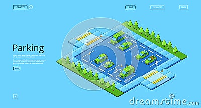 Isometric parking with cars, trees and road signs Cartoon Illustration