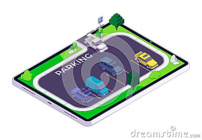 Isometric parking. City cars in parking lot, flat automobile icons on reserved place, urban auto traffic, carsharing Vector Illustration