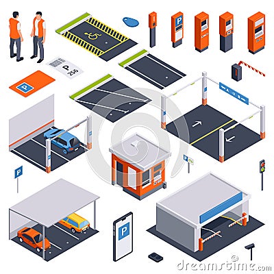 Isometric Parking Lot Set Vector Illustration