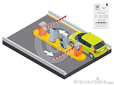 Isometric Parking payment station, access control concept. Parking ticket machines and barrier gate arm operators are Vector Illustration