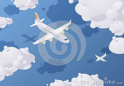 Isometric passenger airplane flying in the sky full of clouds above the blue sea. Vector concept illustration Cartoon Illustration