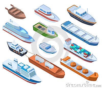 Isometric passenger, cargo sea ships, commercial and sailing boats. Water transport, boat ship, cruiser and passenger Vector Illustration