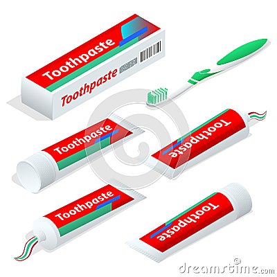 Isometric paste or gel dentifrice used with a toothbrush as an accessory to clean and maintain the aesthetics and health Vector Illustration