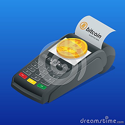 Isometric payment machine, paying by Bitcoin to pay a bill. NFC payments. POS terminal confirms the payment. Vector Vector Illustration