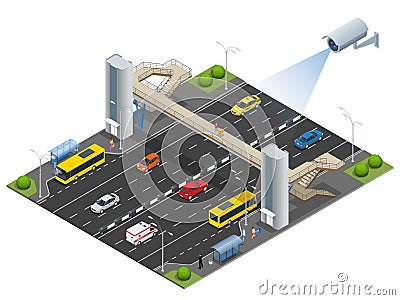 Isometric pedestrian bridge with a lift over the highway. Set of the isometric pedestrian bridge with a lift, bus, sedan Vector Illustration