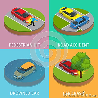 Isometric pedestrian hit, road accident, drowned car and car crash concept Vector Illustration