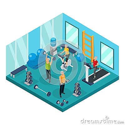 Isometric Pensioners In Gym Concept Vector Illustration