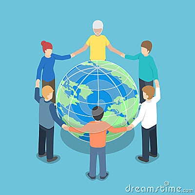 Isometric people around the world holding hands Vector Illustration