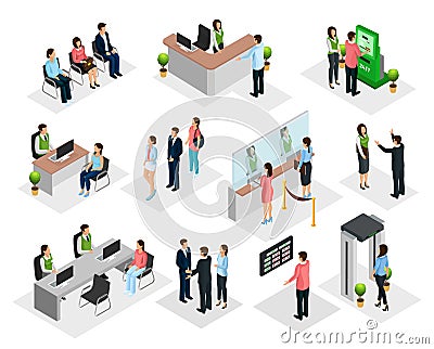 Isometric People In Bank Collection Vector Illustration