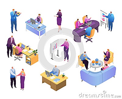 Isometric people in business office vector illustration set, cartoon 3d businessman and businesswoman work icons Vector Illustration