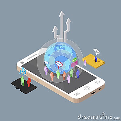 Isometric people chatting to other through electronic devices, vector illustration. Vector Illustration