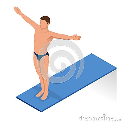 Isometric people diving into water in to the swimming pool, diver. Female swimmer, that jumping and diving into indoor Vector Illustration