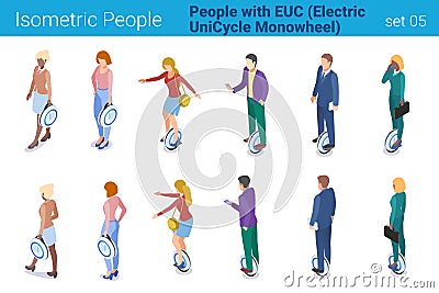 Isometric People with Electric Unicycle Monowheel flat vector collection. Men and Women ride on EUC Vector Illustration