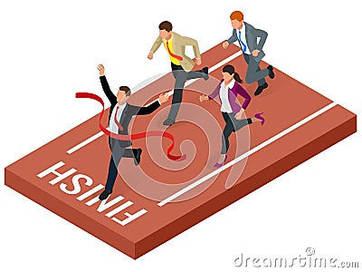 Isometric people. Entrepreneur businessman leader. Businessman and his business team crossing finish line and tearing Vector Illustration