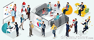 Isometric people, entrepreneurs present a new startup project business plan, development of investment search Vector Illustration