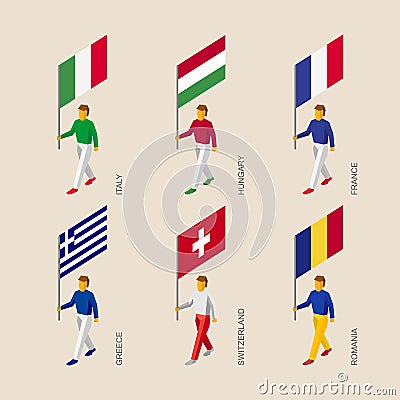 Isometric people with flag France, Romania, Hungary, Italy, Switzerland, Greece. Vector Illustration