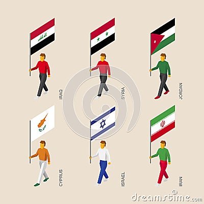 Isometric people with flags Iraq, Iran, Jordan, Syria, Cyprus, I Vector Illustration