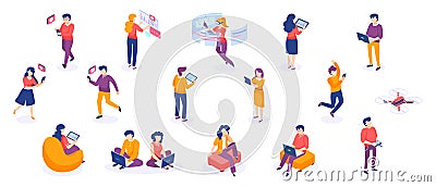 Isometric people and gadgets. Young men and women characters with smartphones and gadgets. Vector freelance business Vector Illustration