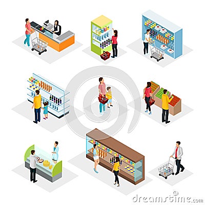 Isometric People In Grocery Shop Set Vector Illustration