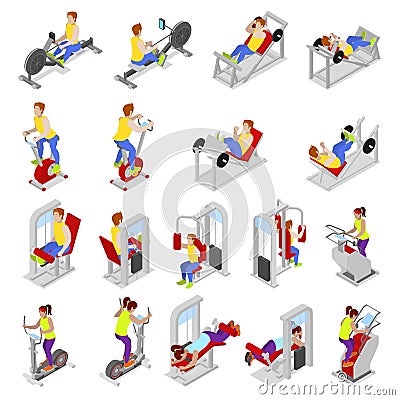 Isometric People at the Gym. Sportsmen Workout. Sports Equipment. Fitness Exercises Vector Illustration