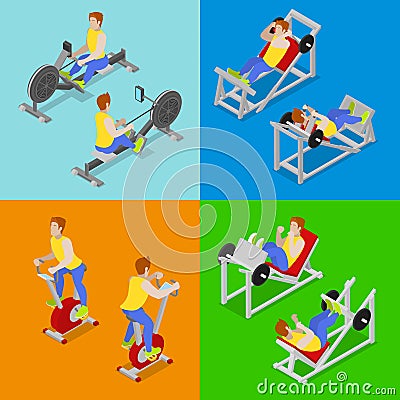 Isometric People at the Gym. Sportsmen Workout. Sports Equipment Vector Illustration