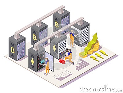 Isometric people install crypto mining farm in server room. Cryptocurrency bitcoin mine, blockchain technology, vector. Vector Illustration